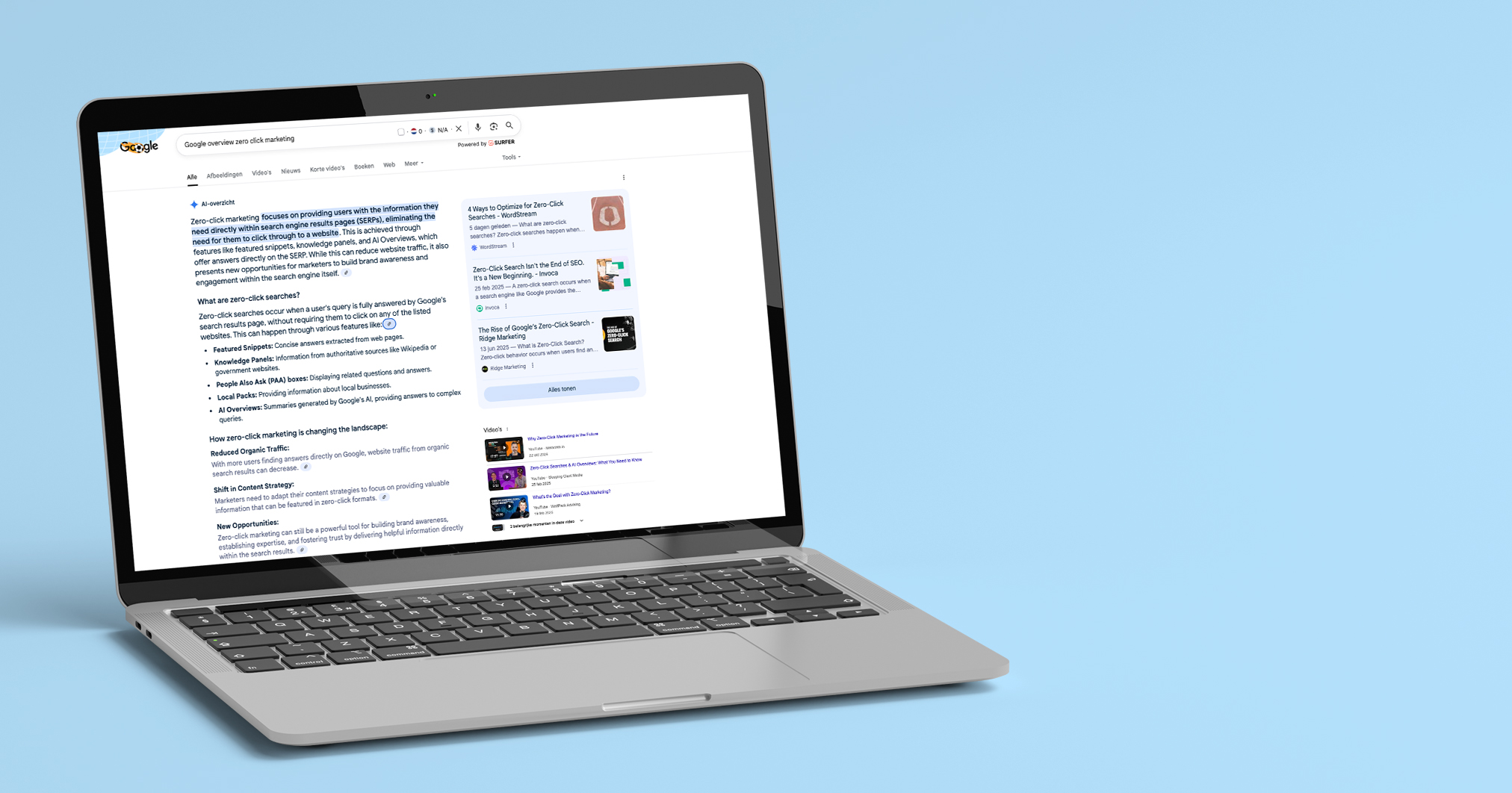 Zero-click marketing: een scherm met daarop Google AI overview en zero click elementen als video en overviews.